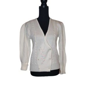 VTG Full Fashioned Grand Knitwear Double Breasted Embellished Cardigan L Ivory